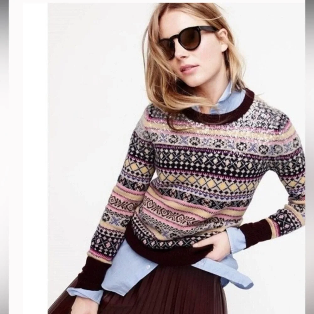 J. Crew Lambs Wool Sequin Fair Isle Sweater Size XSP
